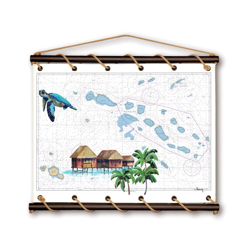 Toile tendue coton carte marine peinte - Rêves de Polynésie