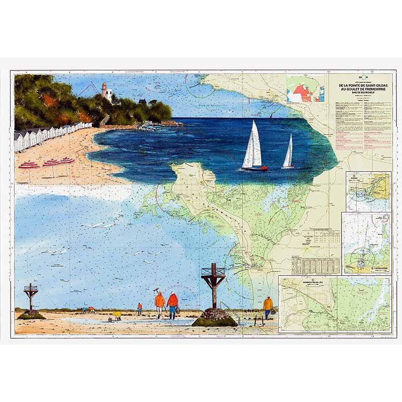 Painted nautical chart - Passage du gois à Noirmoutier